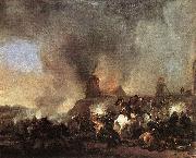 Philips Wouwerman, Cavalry Battle in front of a Burning Mill by Philip Wouwerman
